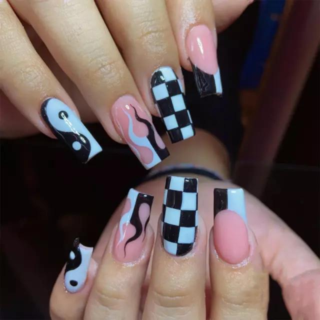 Fashion Tai Chi Checkerboard Fake Nails Full Long Artificial Press On Nails Tips