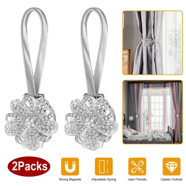 2 Packs Magnetic Curtain Tiebacks Extendable Floral Drape Holder Decorative