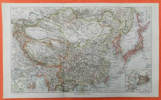 China und Japan Kolonien Kanton Macao Hongkong Kiautschou Bucht LANDKARTE 1909