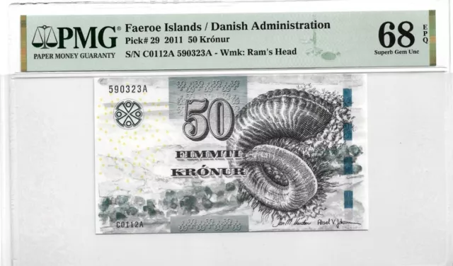 50 Kronur Faeroe Islands 2011 PMG 68 Grading