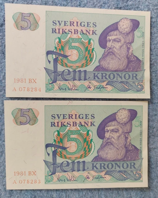 Top 2x SCHWEDEN,SWEDEN 5 Kronen, Kronor, durchgehende Nummer, sehr gut +weitere