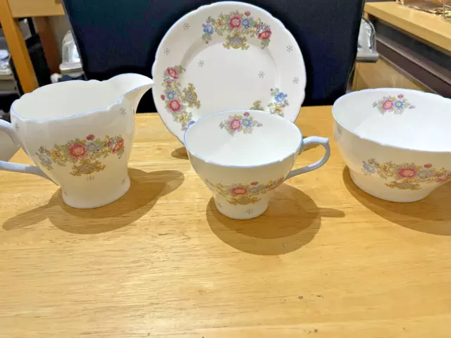 Vintage Shelley China  Wild Flower's Pattern Milk Jug Sugar Bowl Tea Cup Plate.