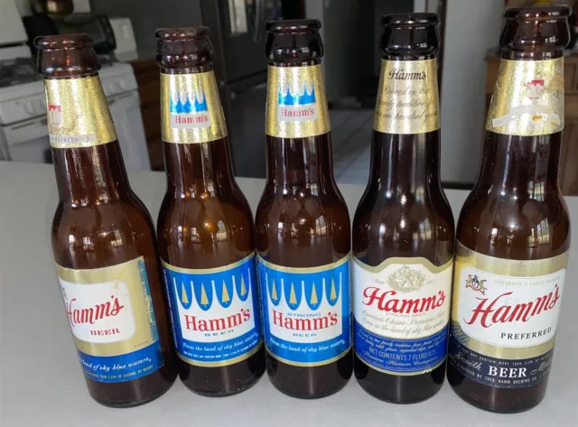5 different vintage Hamm's Beer Bottles All 7 oz Pony bottles