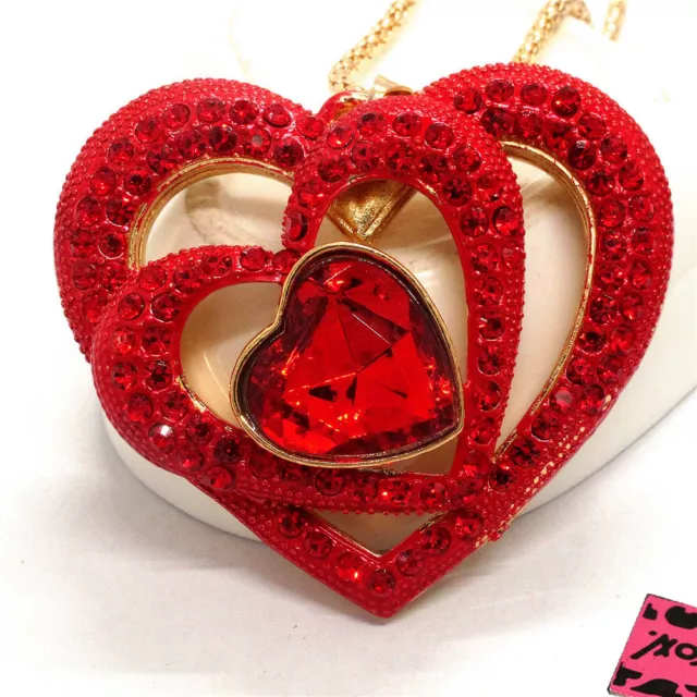 New Betsey Johnson Red Crystal Bling Three Hearts Love Pendant  Chain Necklace