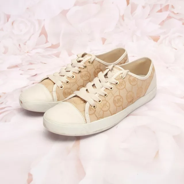 Michael Kors Womens Designer Sneakers Shoes Size 9.5M Lace-Up Canvas Beige/White