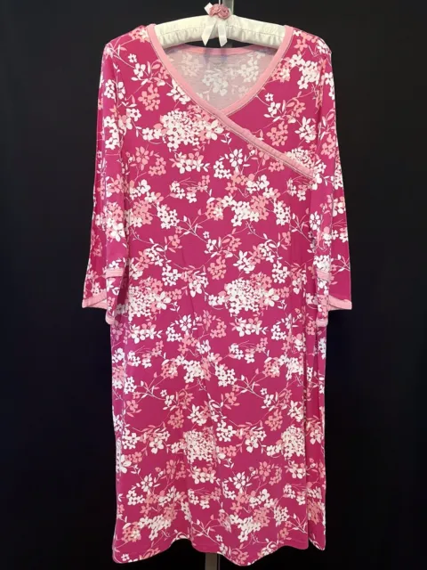 Garnet Hill  Nightgown Pink Floral Asian Wrap Midi Organic Green Cotton LRG