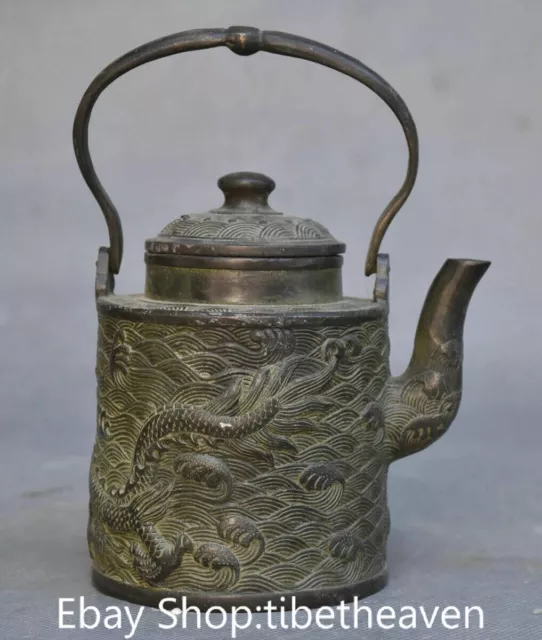 6.2" Marked Old Chinese Bronze Dynasty Palace Portable Dragon Teapot Teakettle