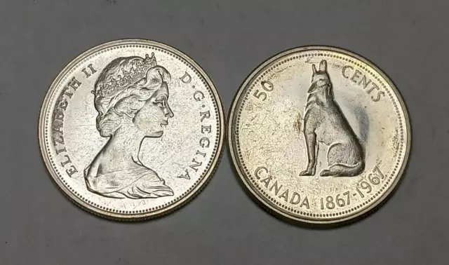 1x 1867-1967 Canada 50 Cents - Howling Wolf - 80% Silver Half Dollar