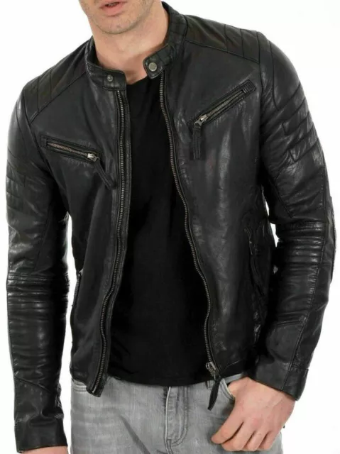 Mens Vintage Genuine Leather Jacket Slim Fit Real Cafe Racer Biker Jacket