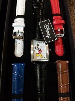 Disney Mickey Mouse Leather Watch Set 5 Changeable Bands Accutime Red Blue Black