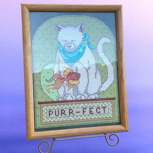 Adorable Kitschy Gato Puntada de Cruz enmarcada Travieso Gatito Travieso Piscina Enmarcada Pared Imagen