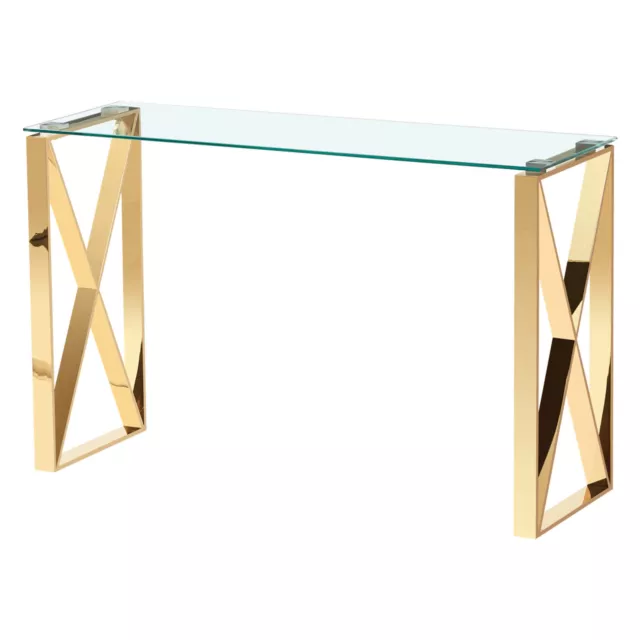 Console Table Hall Display Stand Clear Tempered Glass Top Gold Steel Frame