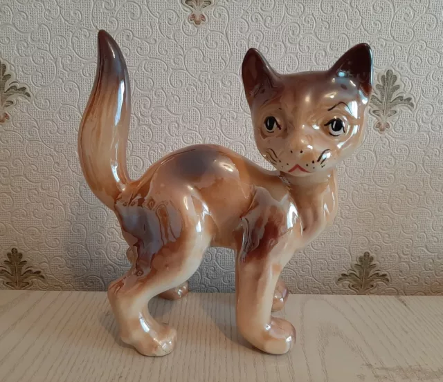 Vintage Ceramic Large Cat Ornament Mid Century 1960s 70s Kitsch Kitty 22 x 19 cm