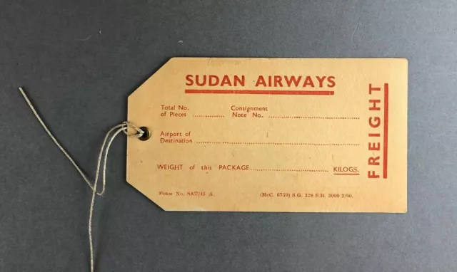 Sudan Airways Freight Vintage Original Airline Bag Tag Luggage Baggage Label