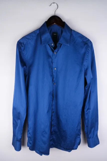 Camicia formale da uomo su misura Hugo Boss slim fit blu cotone taglia 40-15 3/4