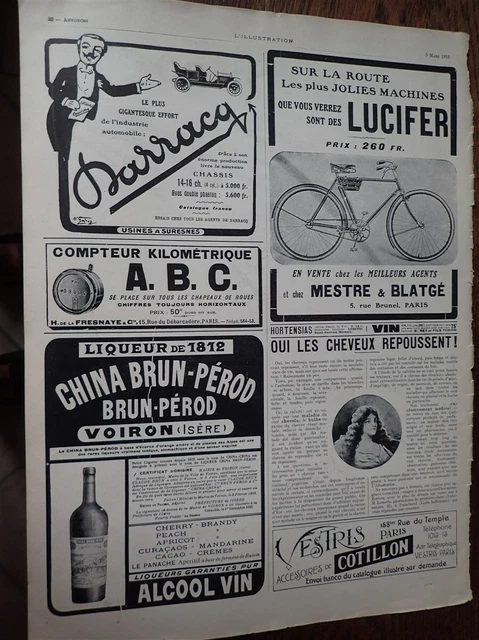 DARRACQ automobile + bicyclette LUCIFER  publicité papier ILLUSTRATION 1910