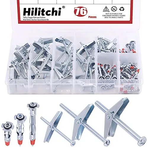 Hilitchi 76Pcs Toggle Wing Nut Bolt and Long Hollow Wall Drive Anchors Assort...