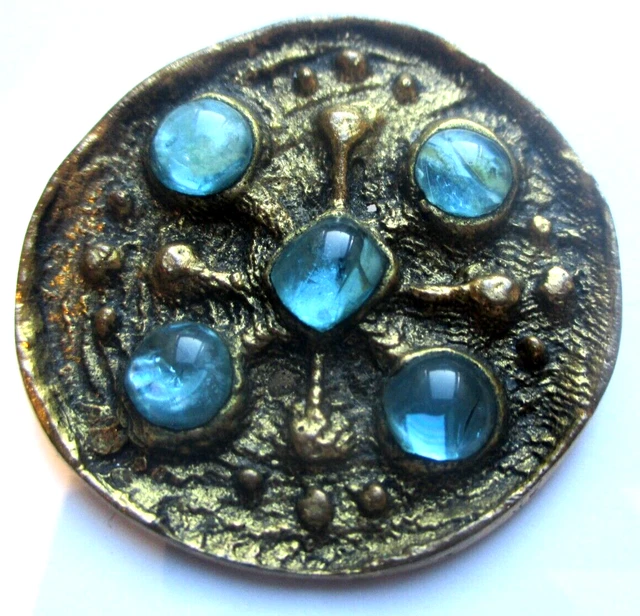 Belle Broche Ancienne En Vieil Or Poinçonné - Cabochon Et Perles Bleues - Bijou Vintage Rare N°1632 - Occasion Parfait état