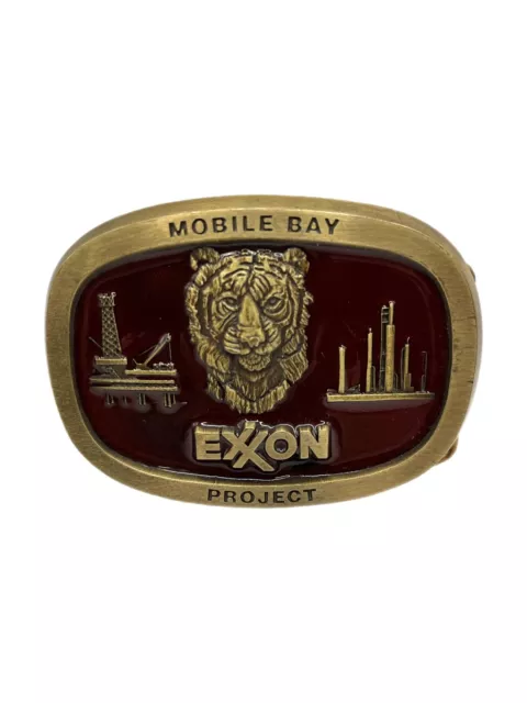 Vintage Exxon Mobile Bay Project Solid Brass Belt Buckle Tiger  burgundy Red