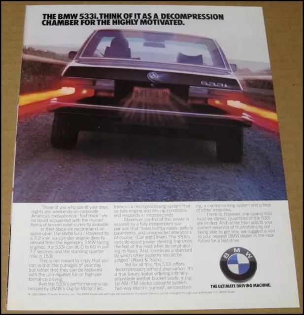 1984 BMW 533i Print Ad 1983 Car Automobile Auto Advertisement Vintage 8.25x10.75