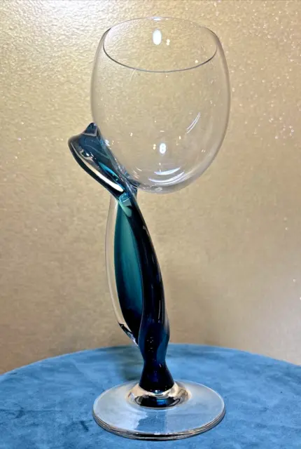 Hand Blown Wine Glass Aqua Blue Green Unique Art Glass 9" Pretty