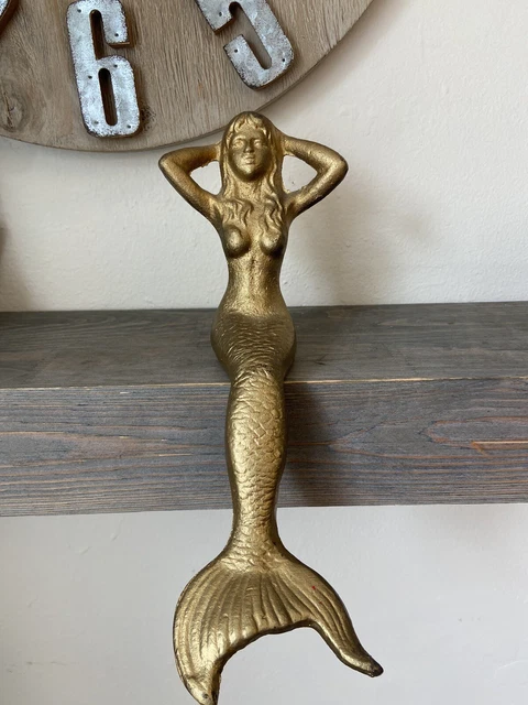 11” Mermaid Cast Iron Statue Figure  Shelf Sitting Whimsical Kitschy Gold