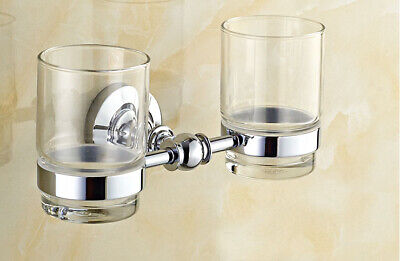 A pair Glass Cup Bathroom Wall Mounted Chrome Brass Toothbrush Holder 2ba807