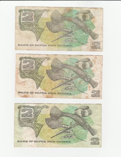 PNG trio old 2 Kina paper bank notes Papua New Guinea 2