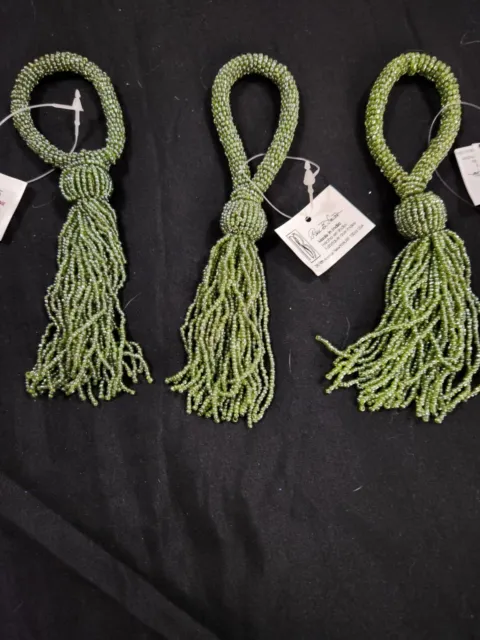 New Lot of 3 Olive Green Beaded Tassels.  Made in India.  Nice Condition.