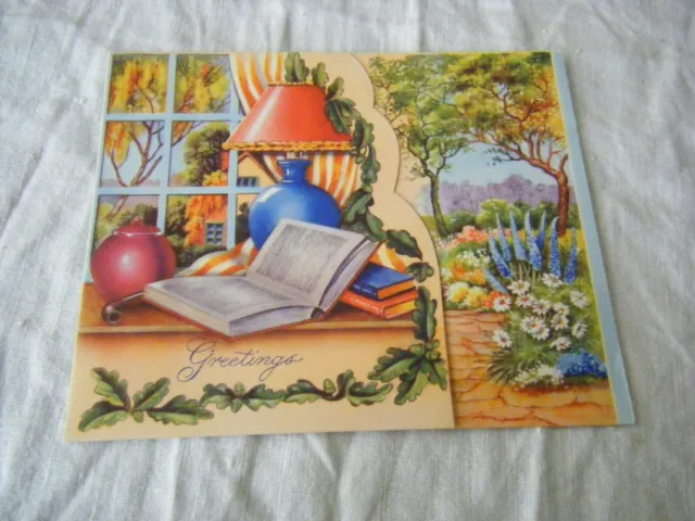 Vintage Greetings Card, Birthday, Lamp, Books, Garden