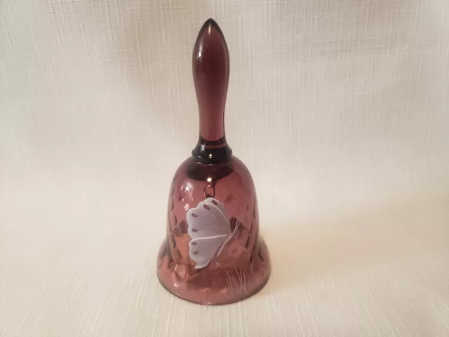 Vintage Fenton Glass Purple Bell Handpainted Butterfly 4.5" Tall