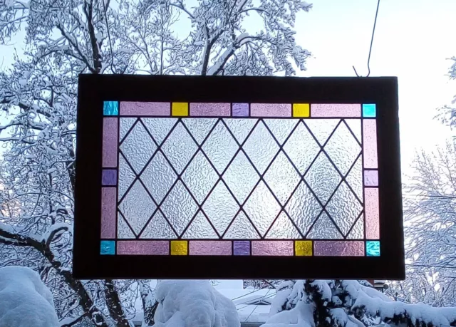 leaded large transom stained glass wood framed panel *hanging window decor art