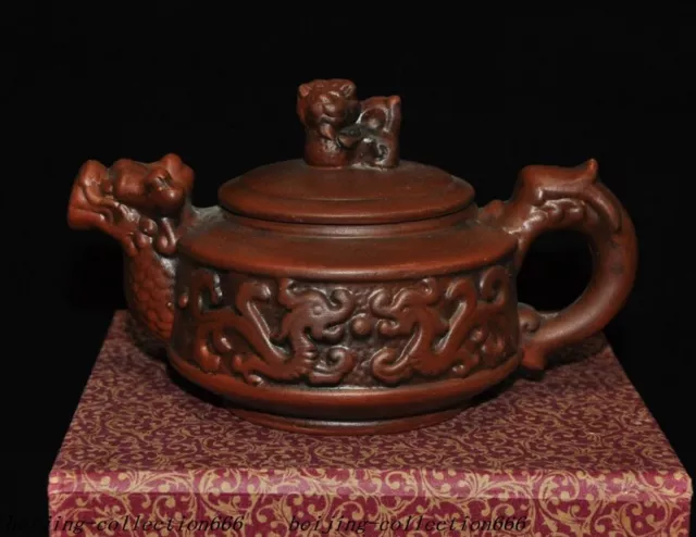 6"Old Chinese Yixing Zisha pottery Hand carved Dragon head statue Teapot tea pot
