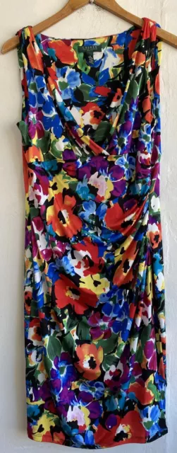 Lauren Ralph Lauren Faux Wrap Sleeveless Dress Size 14 Multicolor Floral Ruched