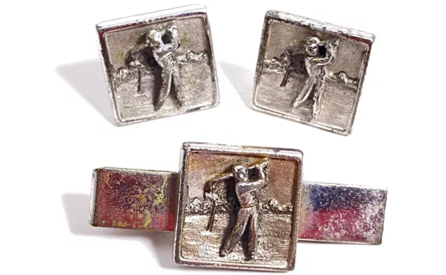 Vintage Anson Golf Cufflinks and Tie Bar Clip - Silver Tone PGA Swing