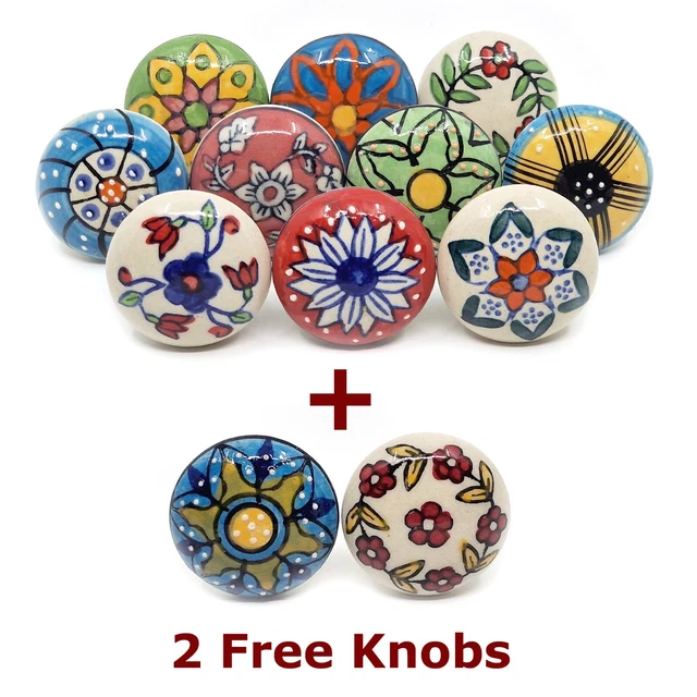 10 + 2 Flat Round Multicolored Ceramic Knobs Door Handle Cabinet Drawer Cupboard