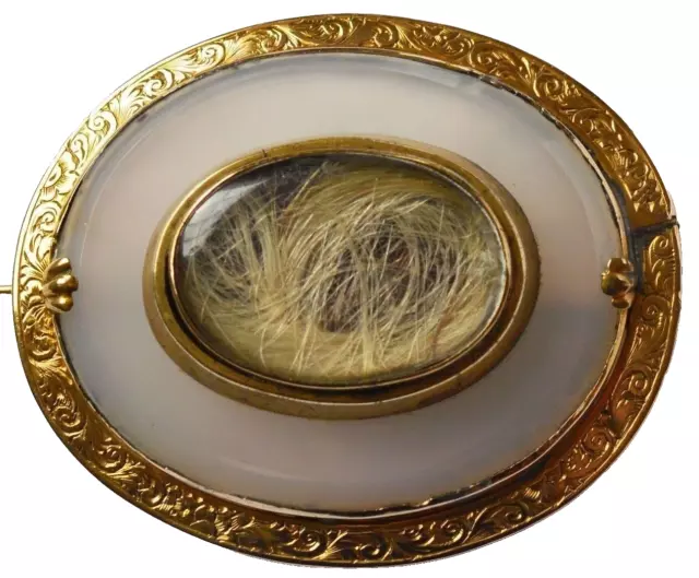 Broche Biedermeier 14 carats or 585 agate cheveux 20,55 g broche à cheveux 4,6 x 3,9 cm