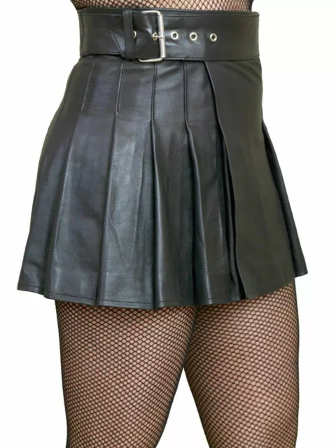 Women's 100% Lambskin Soft Leather Mini Skirt Stylish Pleated Belted Black Skirt
