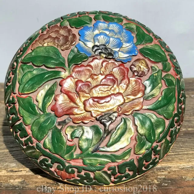 5.6 " China Red Lacquerware Painting Dynasty Peony Flower Pattern Jewelry Box