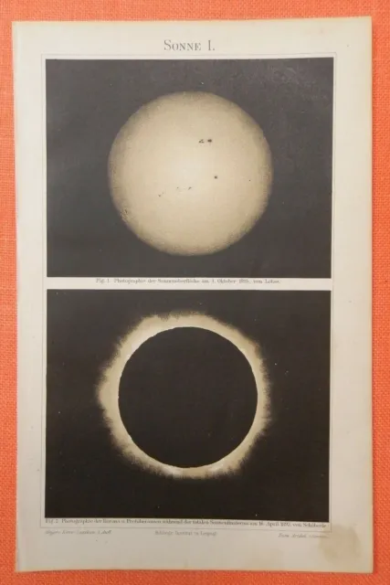 SONNE totale  Sonnenfinsternis 1893   Sonnenoberfläche 1895 Lithographie v.1897