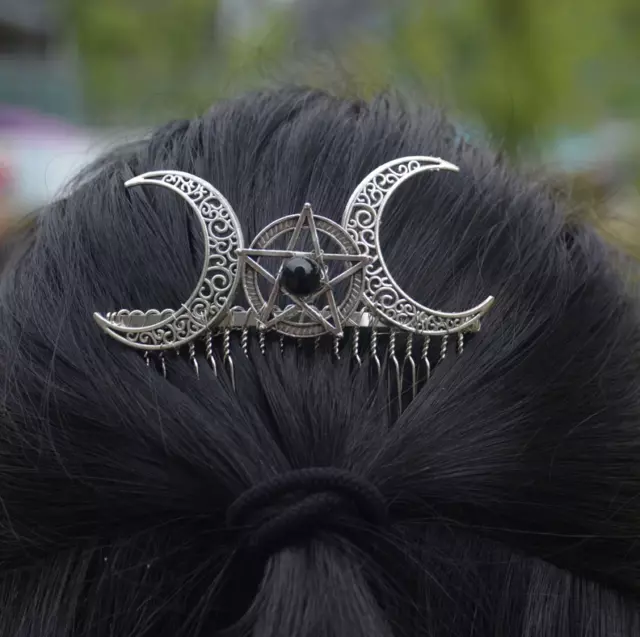 Wiccan Triple Moon Pentagram Hairpin Witch Clip Crescent Tiara Wedding Hair Comb