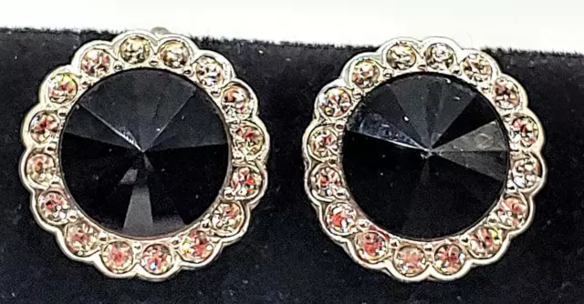 Vintage Crown Trifari Rhinestone And Black Silver Tone Clip On Earrings