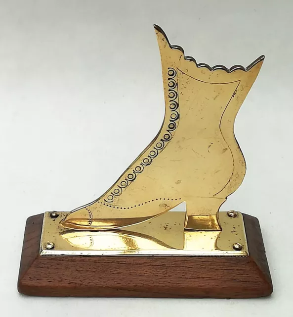 Ladies Boot Shape Antique Brass Mantle Ornament On Wooden Plinth