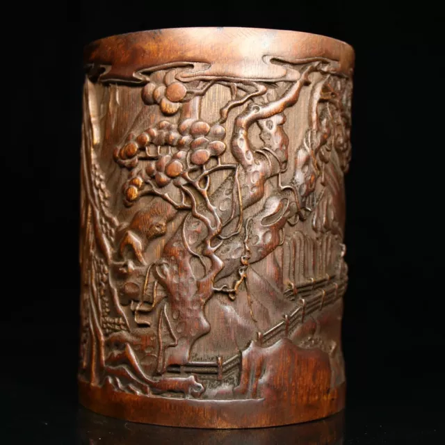 Collection Chinese Old Bamboo Carved Exquisite Landscape Brush Pot Asian Antique