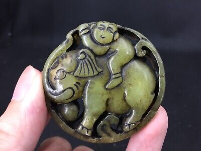 Exquisite Chinese Old Jade Carved *elephant/People* Pendant Amulet H91