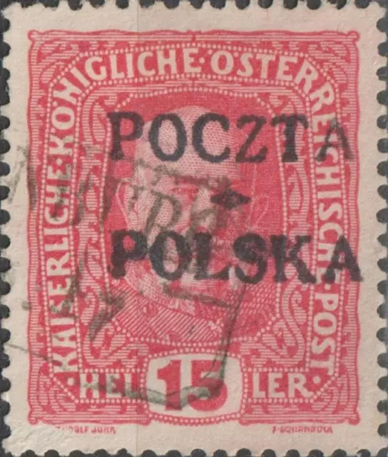 USED 1919 POLAND 15 Hel Krakow Issue Stamp POLSKA POCZTA Overprint Austrian KING