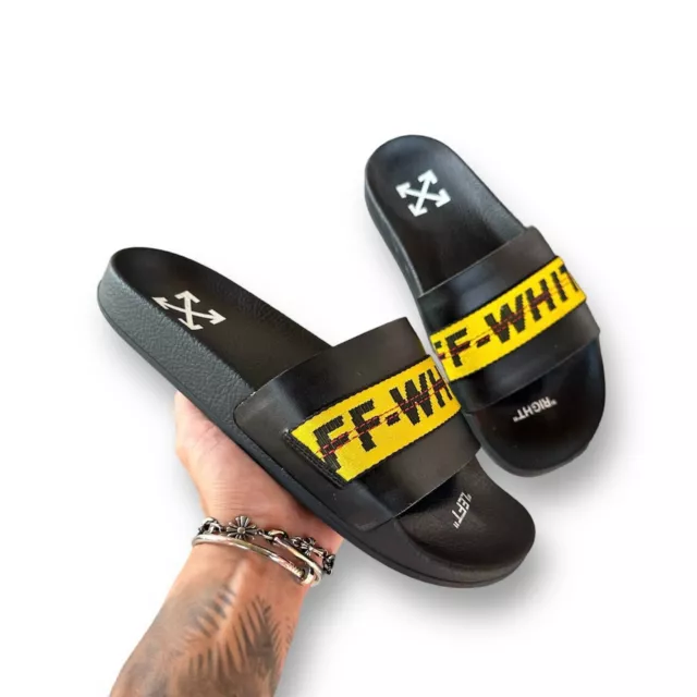 OFF-WHITE MEN'S BLACK Industrial Leather Pool Slides Shoes Sz. 42 $99. ...