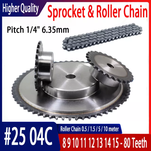 Roller Chain Drive Sprocket 1/4" 04C 8T-80T Pitch 6.35mm 45# Steel 25H Sprocket