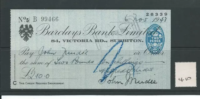 wbc. - CHEQUE - CH410- USED - 1943- BARCLAYS BANK, SURBITON