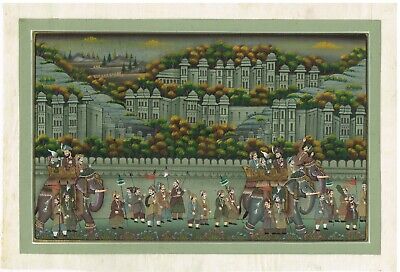 Rajasthan Peinture Miniature De Maharaja Cortege Art Sur Soie 15.5x10.5 inch